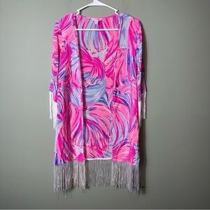 Lilly Pulitzer Women’s Noelle 100% Silk Kimono Oh My Guava Fringe Pink/Blue XS/S